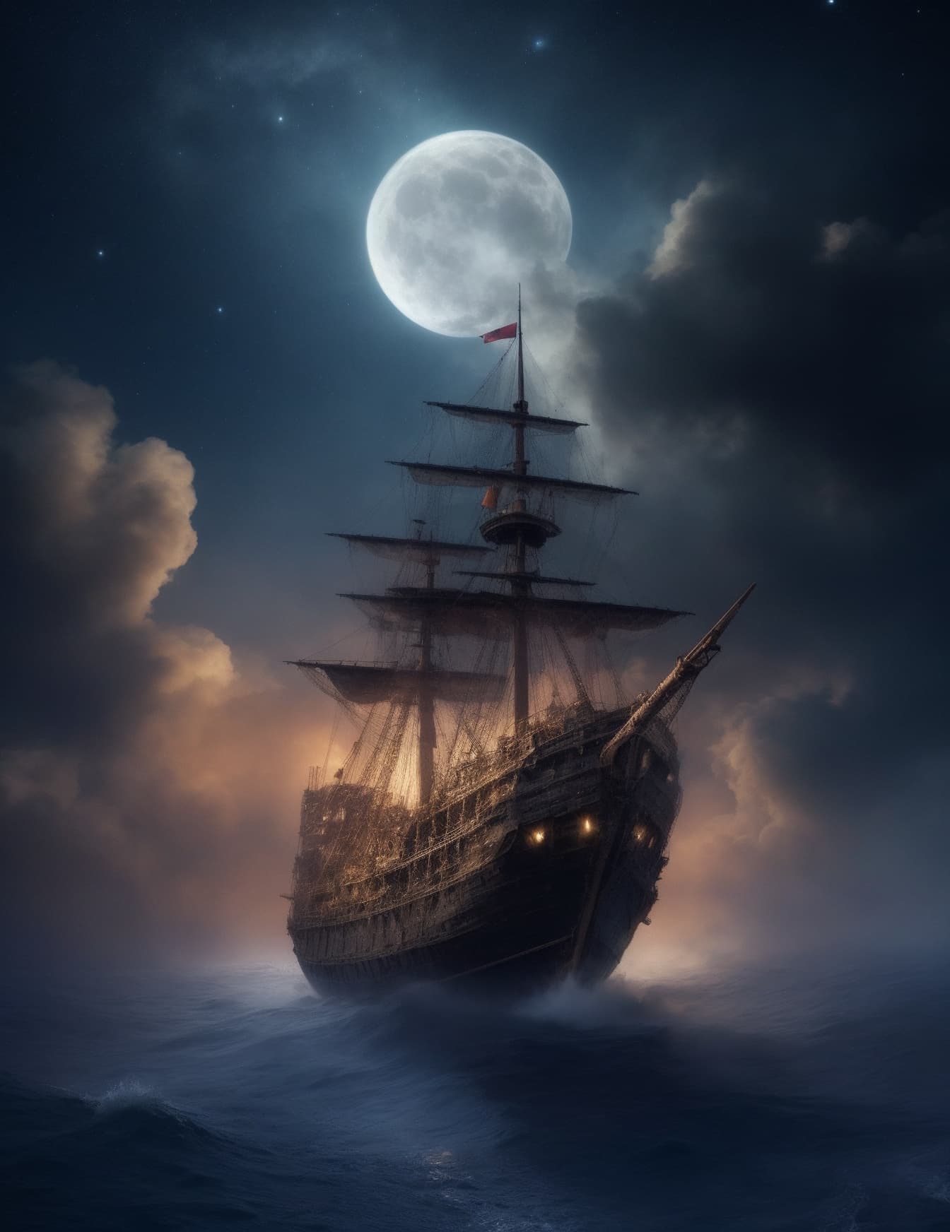AI generated: Pirate ship flying through the clouds in the night sky. Moon creating a glow. The Milky Way making i...
