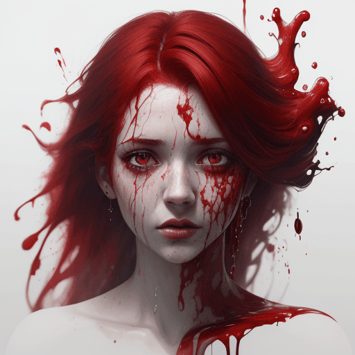 AI generated: A half body portrait of a woman made of blood, half body is submerged in blood, red hair depicting a...