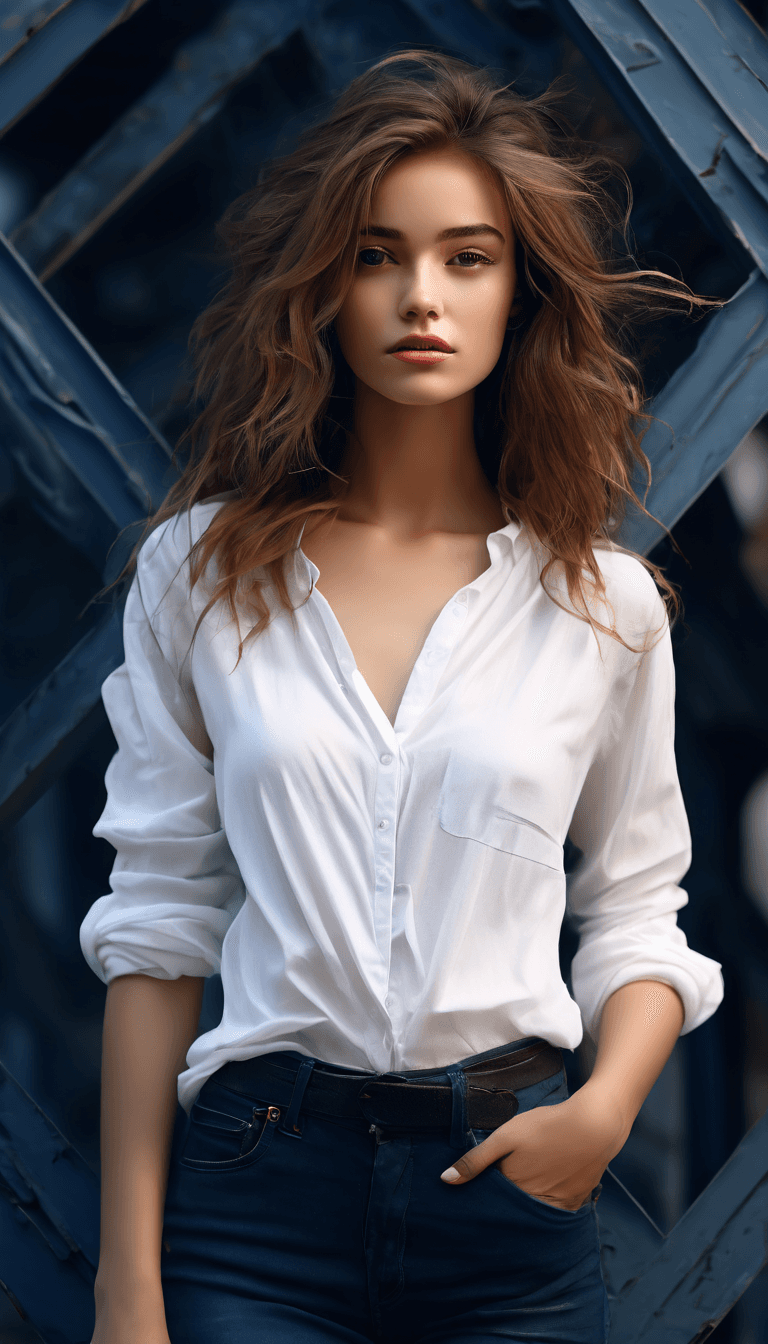 AI generated: A beautiful girl, white shirt, dark blue jeans, standing, architectural structure background. One ar...