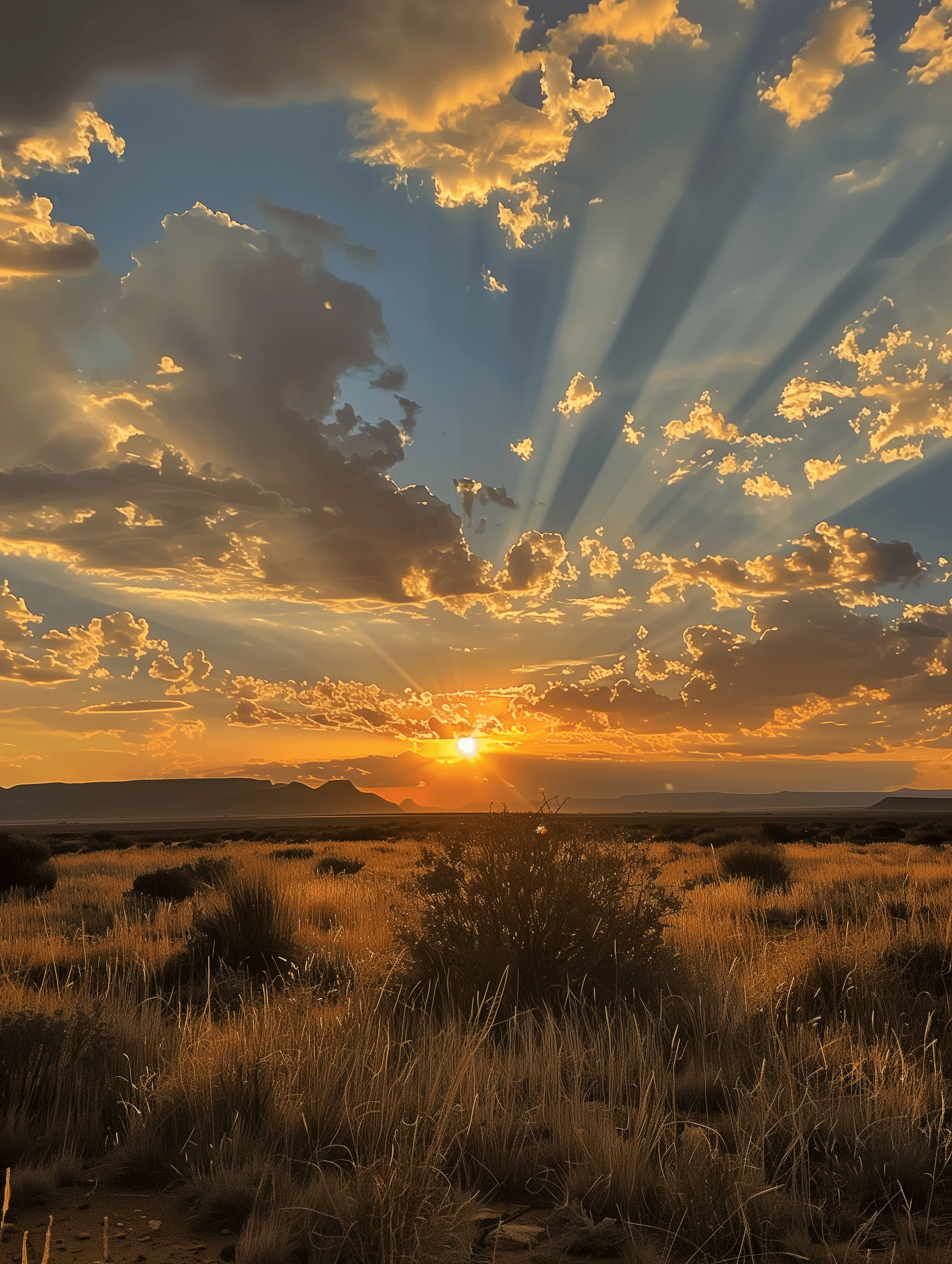 AI generated: The most beautiful sunset over the plains of South Africa, dramatic clouds and sky, a small bush in ...