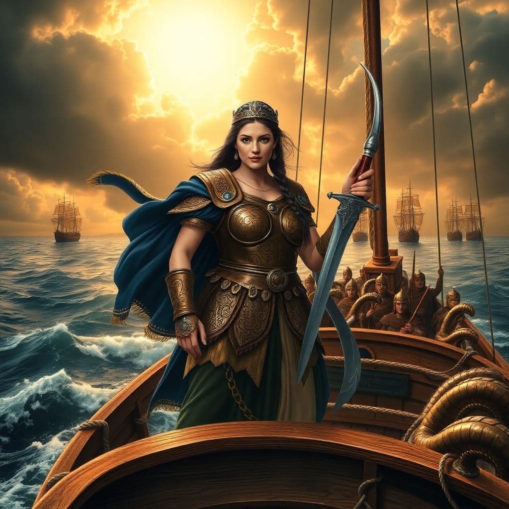 AI generated: Prompt: A powerful and determined Queen Teuta of Illyria stands at the prow of her warship, sailing ...