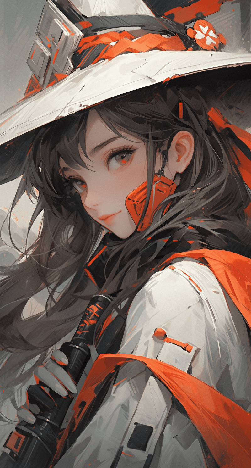 AI generated: a painting of girl with a white mask and a hat, in the style of yuumei, dark orange and gray, depict...