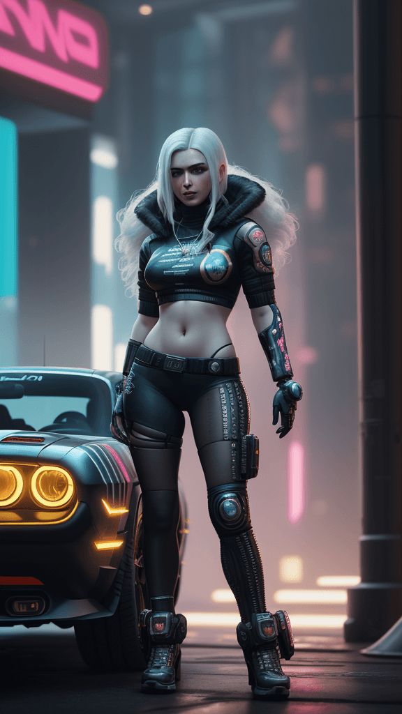 AI generated: Anna Shakhovskaya, cyberpunk, Cyberpunk 2077, Panam Palmer, Dodge Challenger,