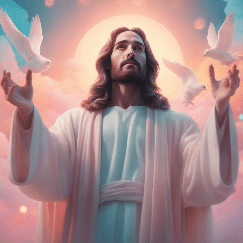 AI generated: Masterpeace, high quality, portrait, Jesus coming from heaven, muted pastel color scheme, by Brandon...