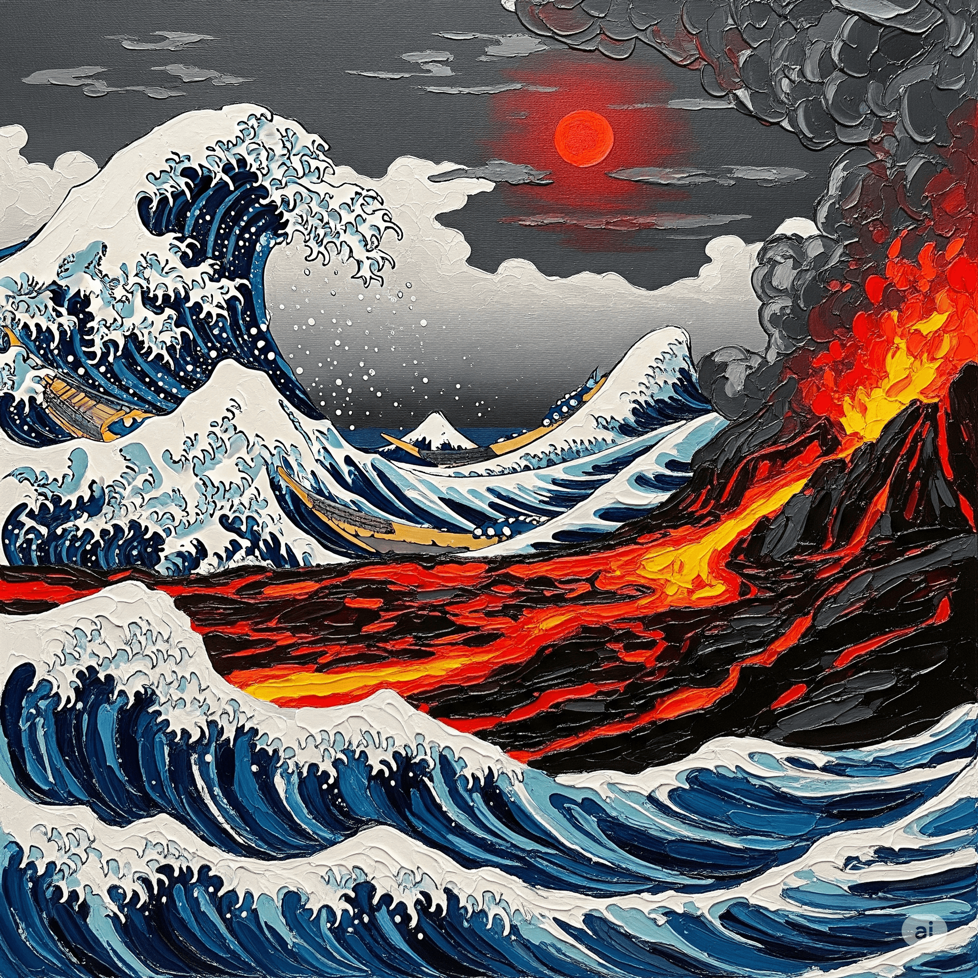 AI generated: A powerful, textured oil painting with visible impasto and brushstrokes, in the style of Hokusai's i...