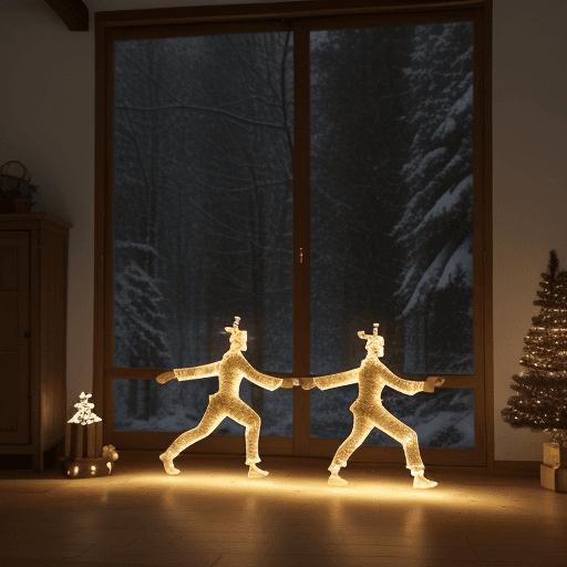 AI generated: creé une image realiste en 4k du pere noel  exercant le taichi avec ses rennes dans le decor lumineu...