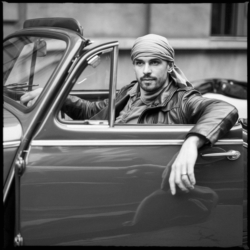 AI generated: Black and white street photography of an attractive man in leather jacket with headscarf sitting ins...