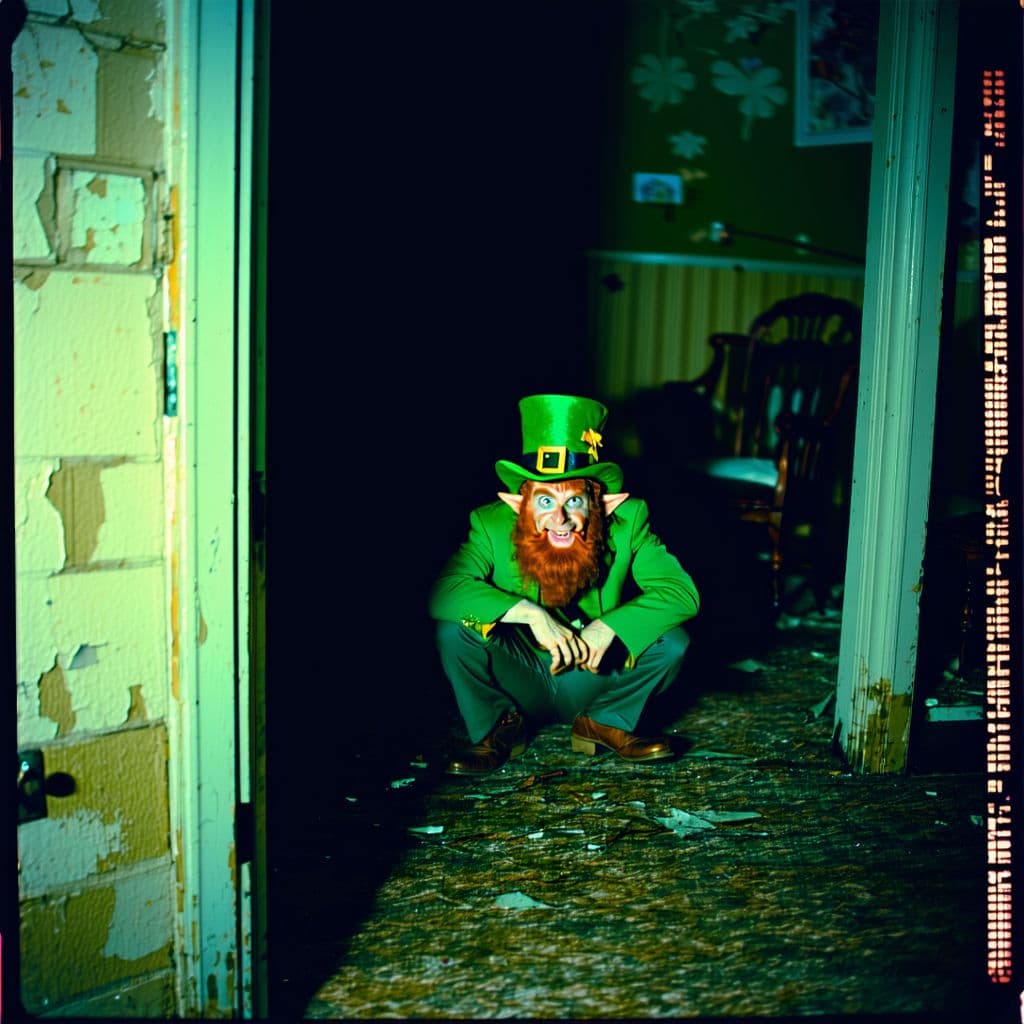 AI generated: grainy 80's photograph quality polaroid of a leprechaun caught in an abandoned house, dark, uncanny,...
