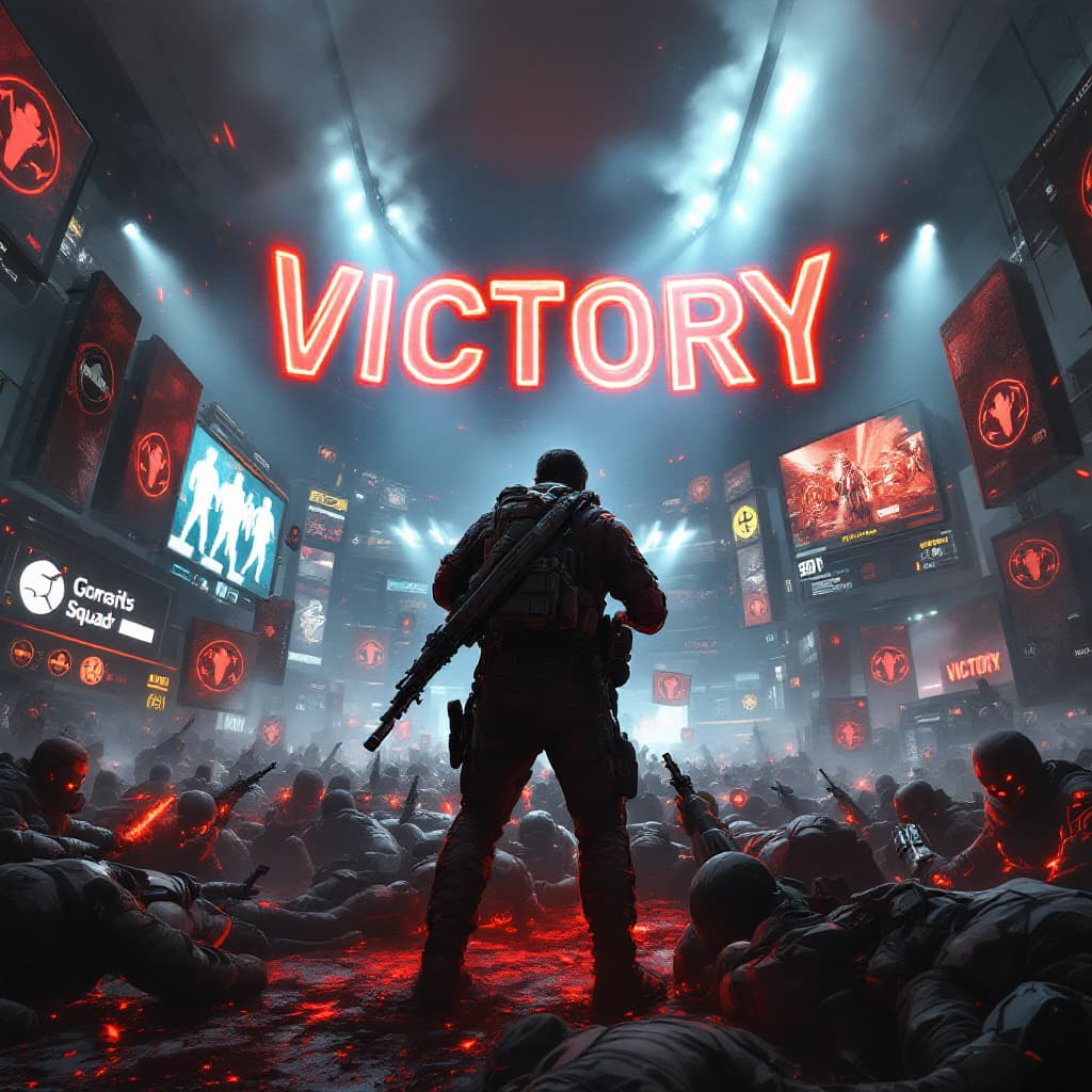 AI generated: in call of duty verdansk style "First-person view of a gamer holding a smoking rifle, standing over ...