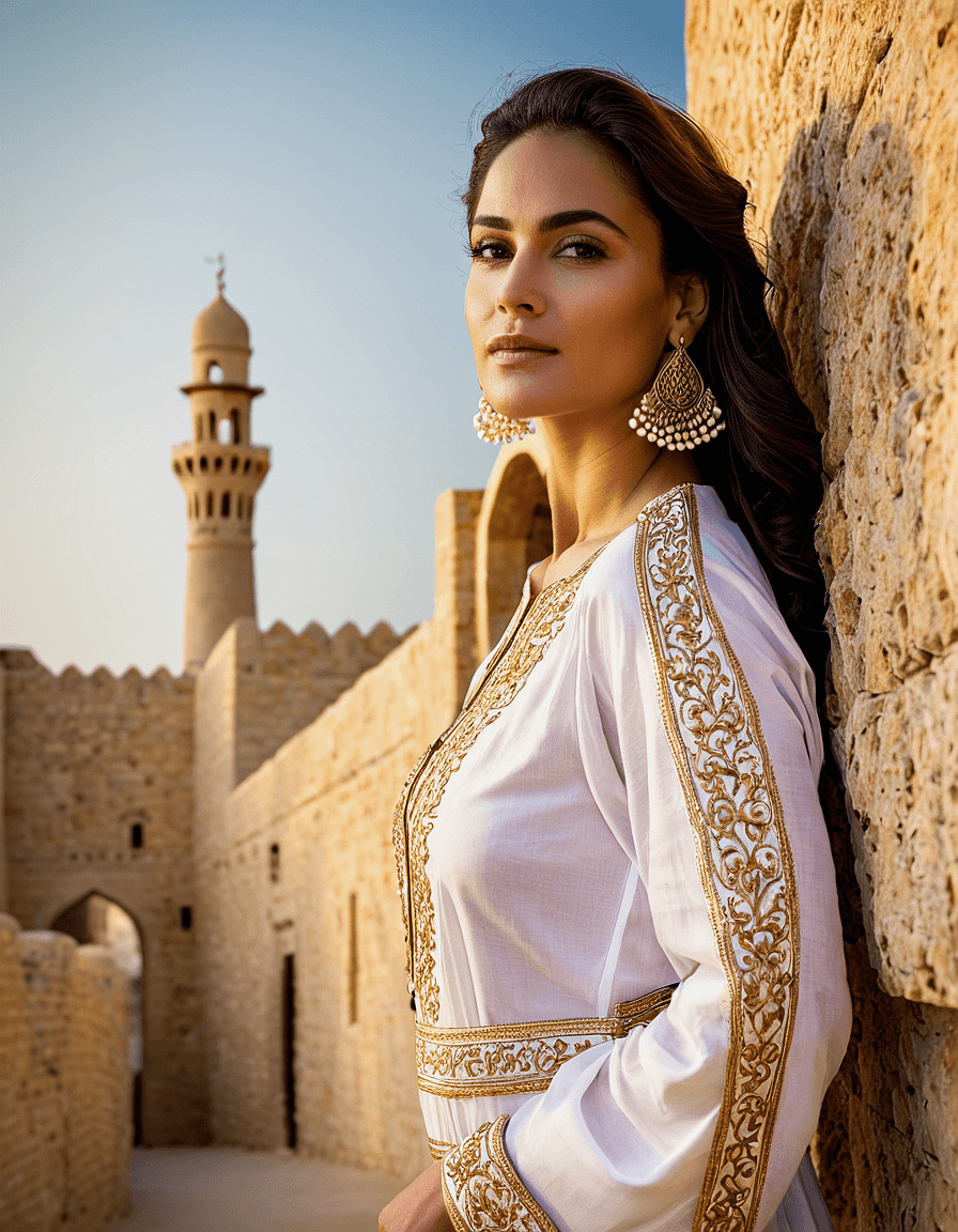 AI generated: An elegant portrait of a woman in a traditional Bahraini Thobe, in the historic Bahrain Fort. The Th...
