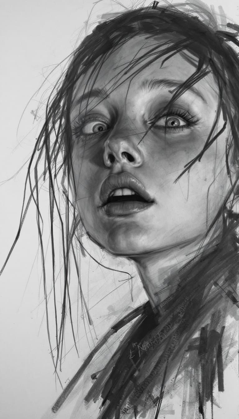 AI generated: Girl, charcoal sketch, scared