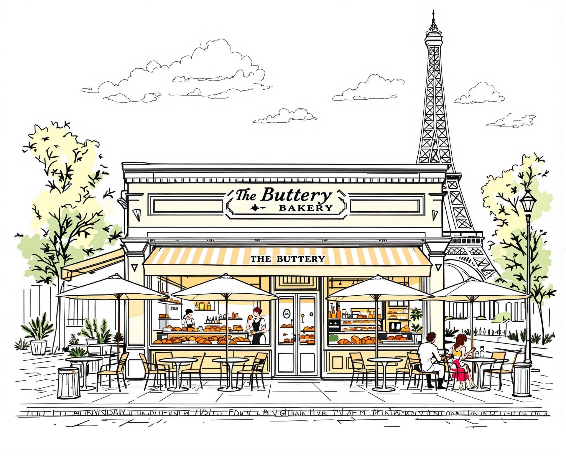 AI generated: The Buttery Bakery Doha as if it’s being in paris, you can draw the  bakery and add Eiffel Tower at ...
