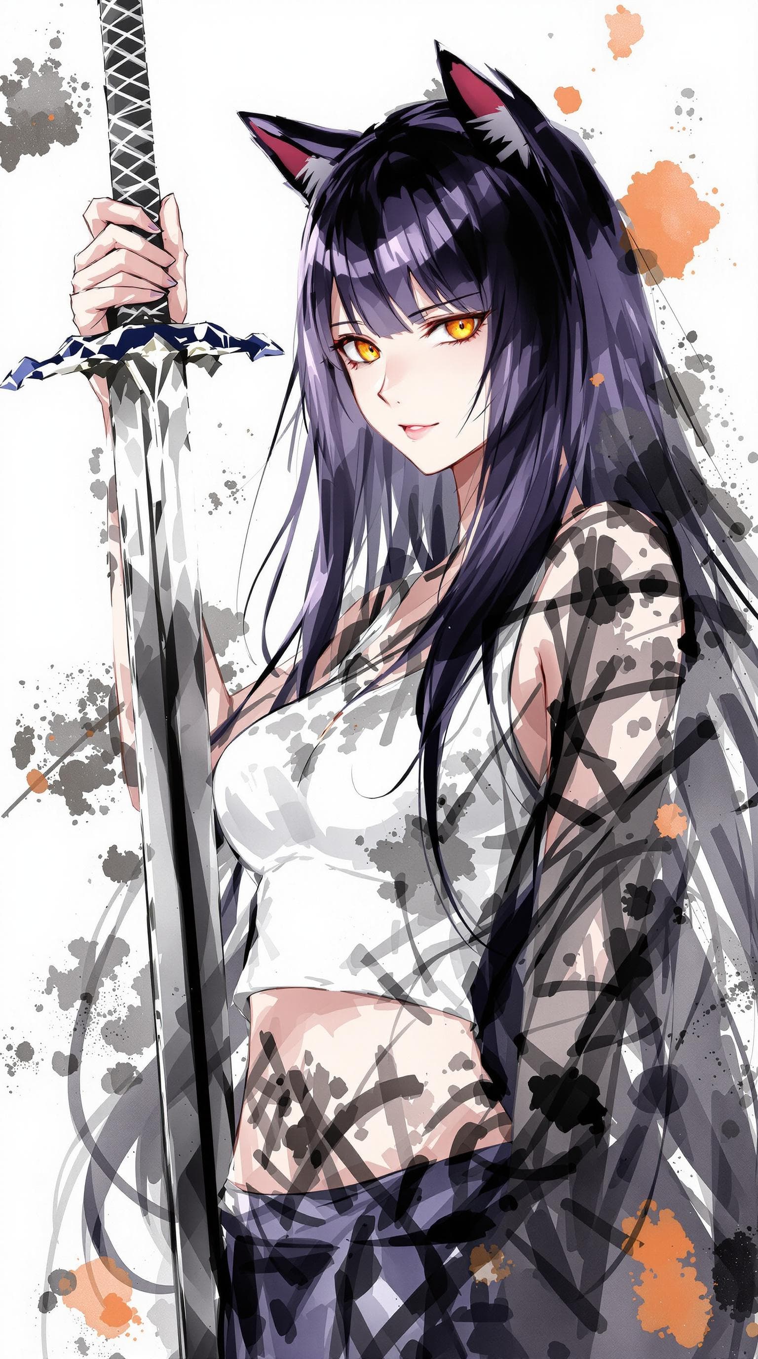 AI generated: 1 woman, weapon longsword, long hair, dark purple hair,cat ears, white background, solo, looking at ...