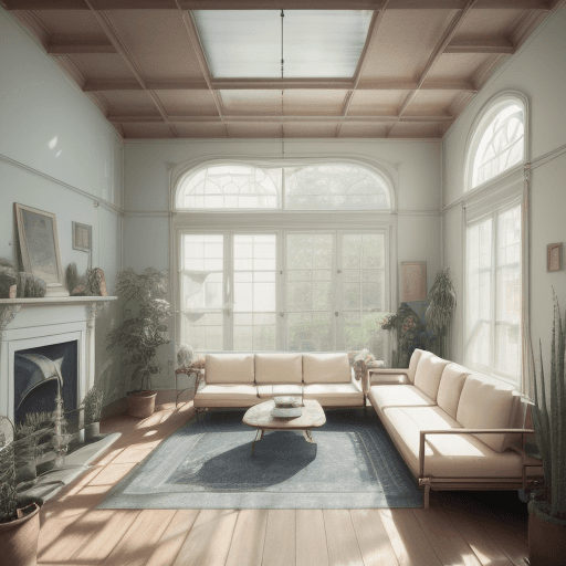 AI generated: High resolution photography interior design, dreamy sunken living room conversation pit, wooden floo...