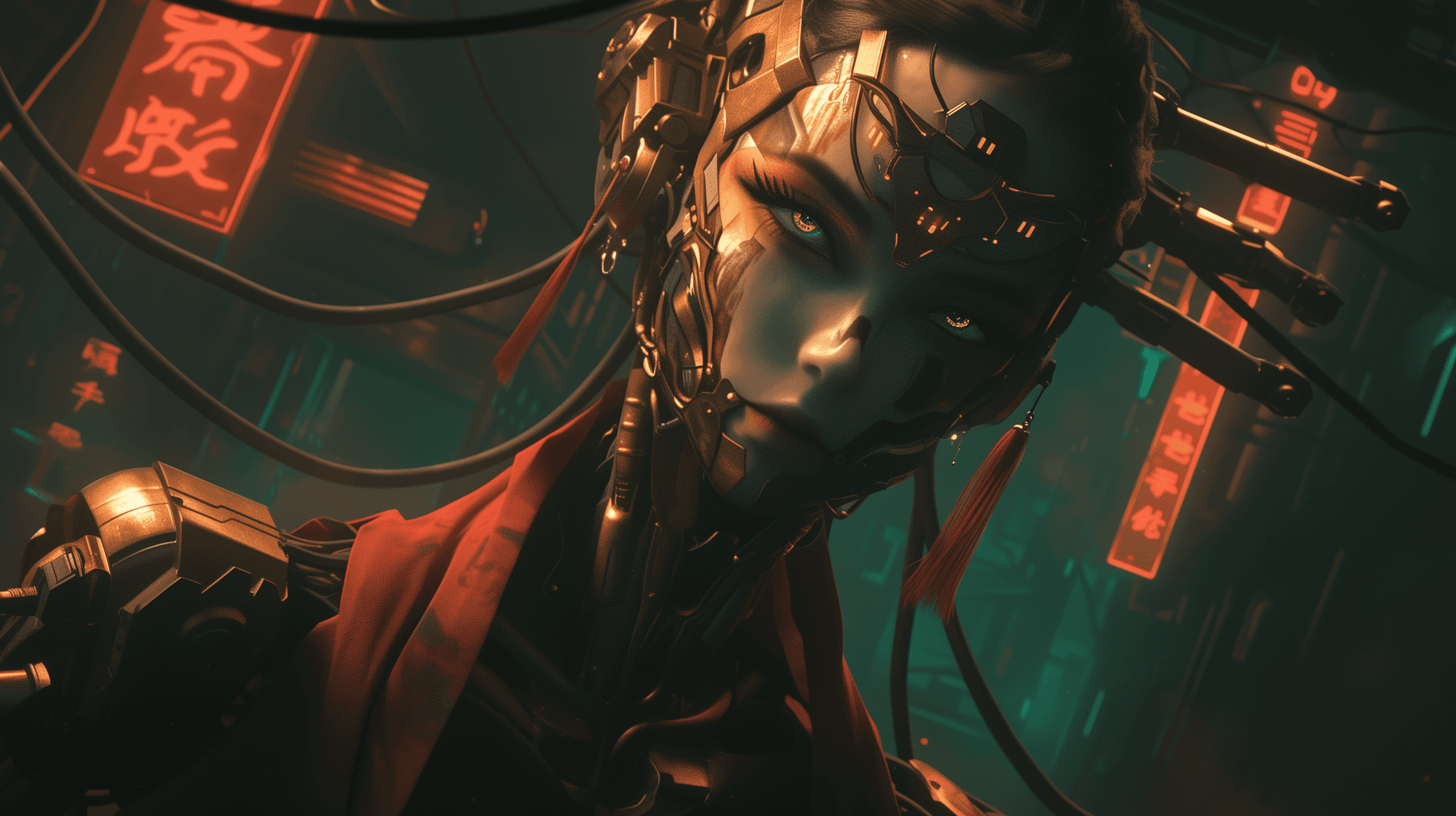 AI generated: asian female robot, metal, rust, Han Fu,wisible wires, destroyed, sad, dark, dirty, looking at viewe...