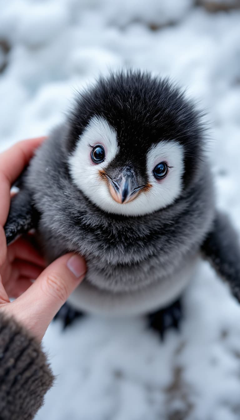 AI generated: An adorable baby emperor penguin with a round, fluffy body covered in thick dark gray feathers. Its ...