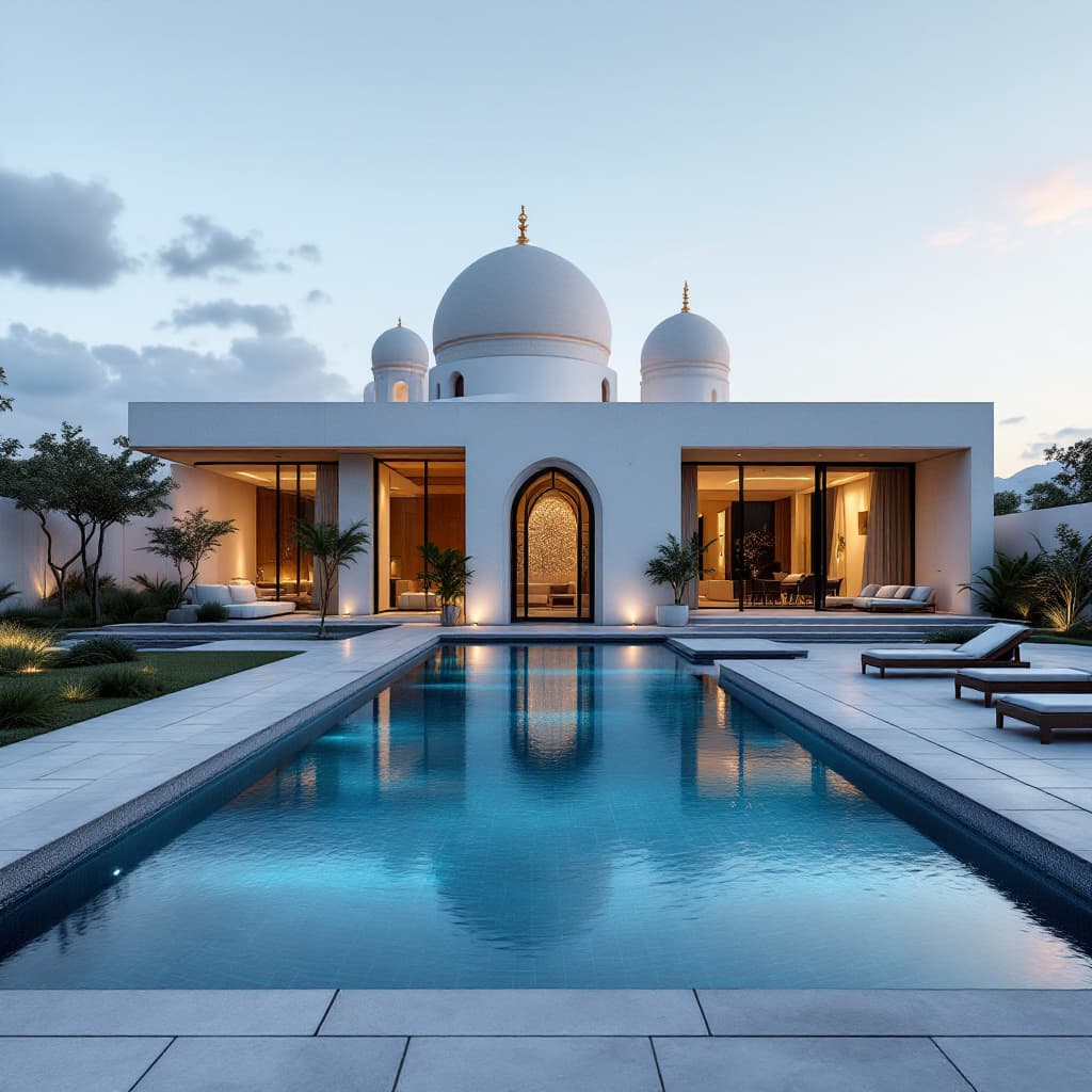 AI generated: beautiful modern courtayrd house with a swimming pool and islamic architecture style in the middle o...