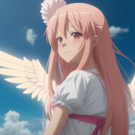 AI generated: Un angel habla sobre un anime con una chica y se tocan de las manos y se sonrojan :D