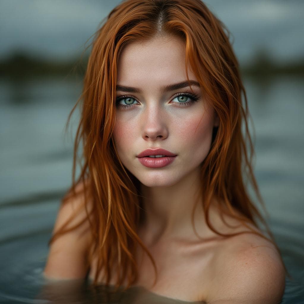 AI generated: shoulder level, (breathtaking realistic woman), (pale skin), (huge tits:1.2), wet ginger straight ha...