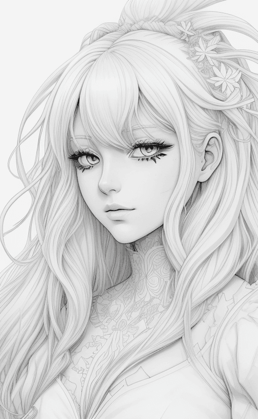 AI generated: coloring page Anime portrait clean line art, black pen line high detail,,wild dynamic white hair, wo...