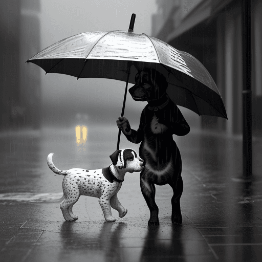 AI generated: A small, black-and-white spotted puppy walks alone in the rain, its fragile body drained as water po...