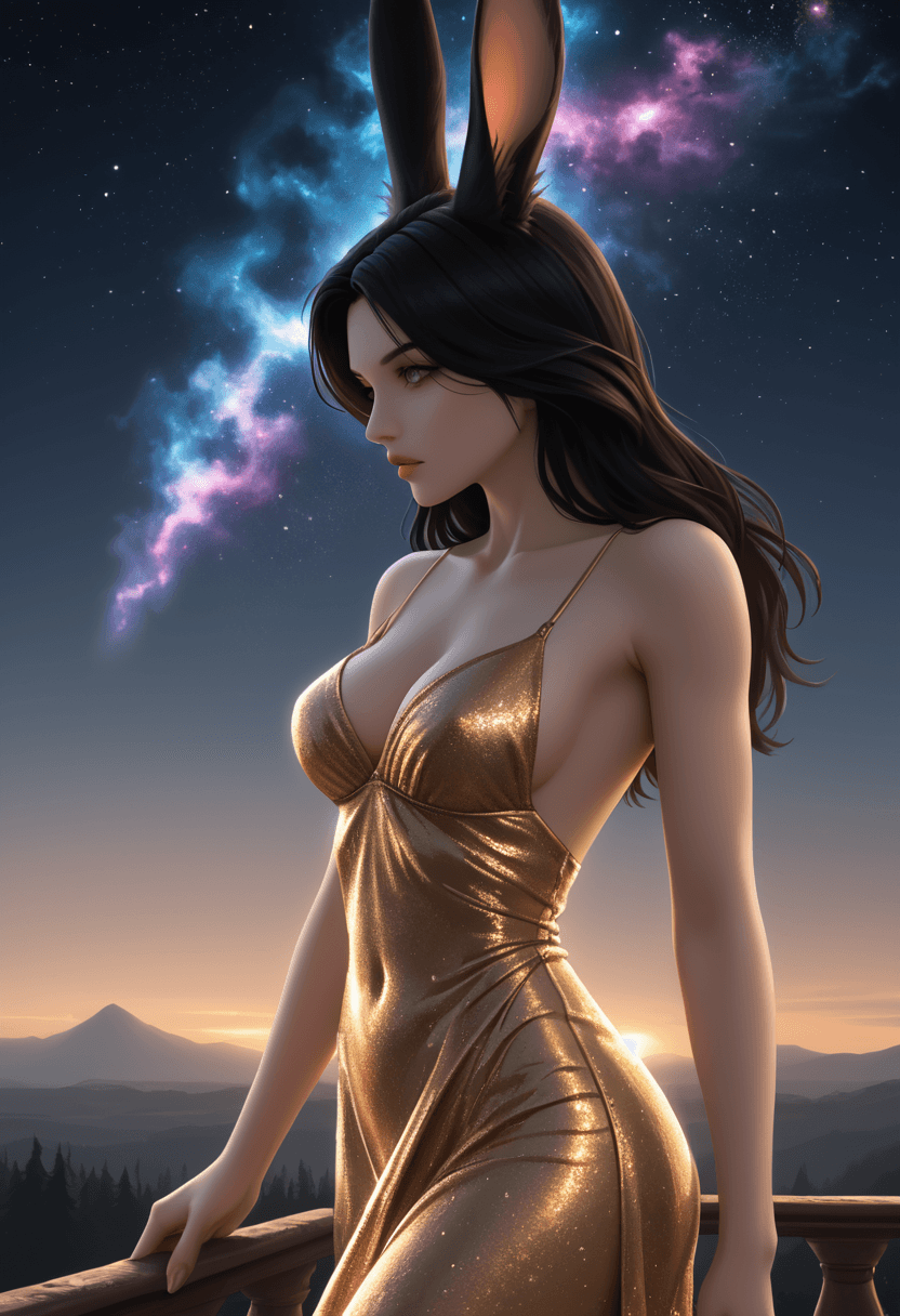 AI generated: Alien-themed A surreal oil painting of a Viera woman from Final Fantasy, capturing her ethereal beau...