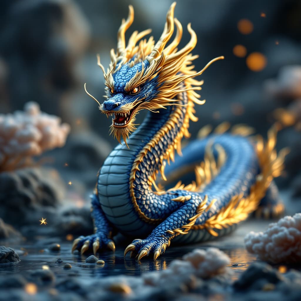 AI generated: blue gold dragon chinese style. Cinematic, hyper realism, high detail, octane render, 8kr
