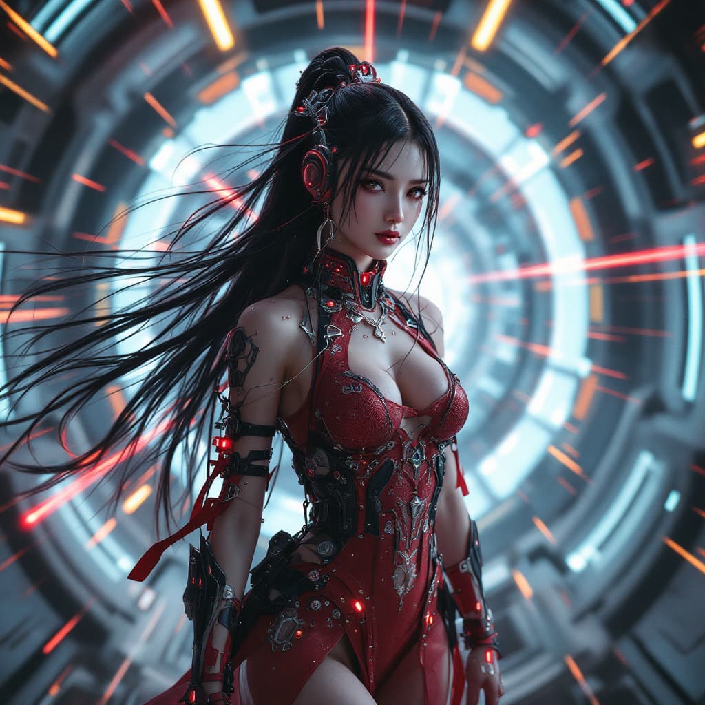 AI generated: cybernized girl with cyberpunk prosthetics, in Chinese dress, long hair, Spaceship inside, futuristi...