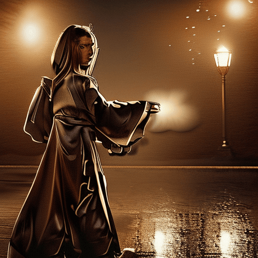 AI generated: girl wearing magician robe| its a dark rainy night| epic fight scene| wounded from battle| detailed ...