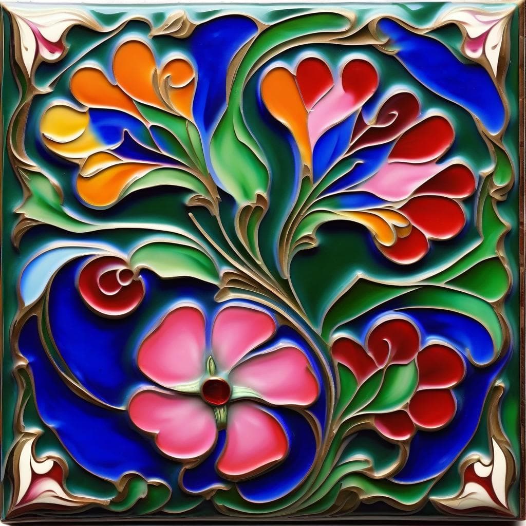 AI generated: Arabesque, Cloisonné, flower, liquid Enamel painting, oily glossy colors, green, blue cobalt, ruby r...