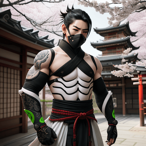 AI generated: Photography, Genji from Overwatch, standing, realistic, full-length, intense expression, key light h...