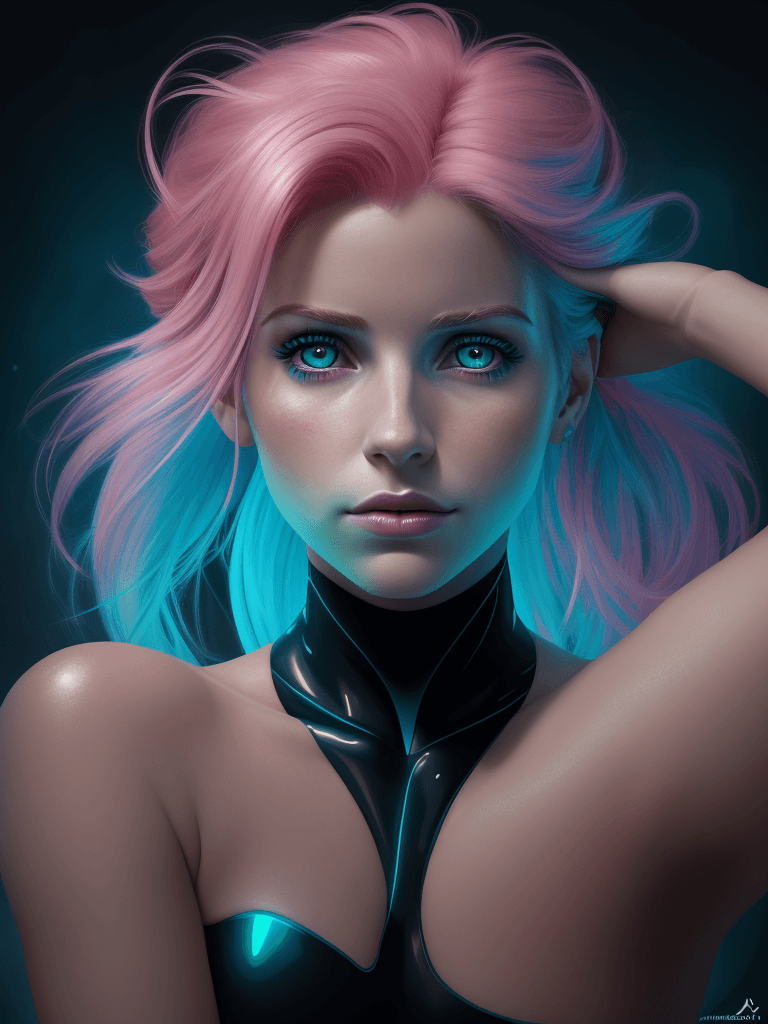 AI generated: close up of a girl with pink hair, sitting in a bright light with a neon lamp, in the style of digit...