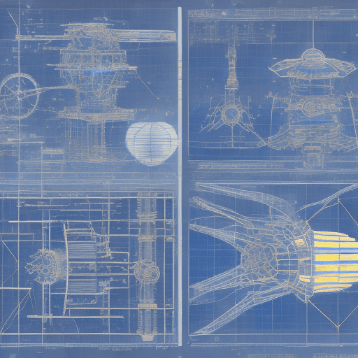 AI generated: sketches, blueprint of futuristic, sci fi, hyperdrive engines, repair, matter and anti matter holdin...