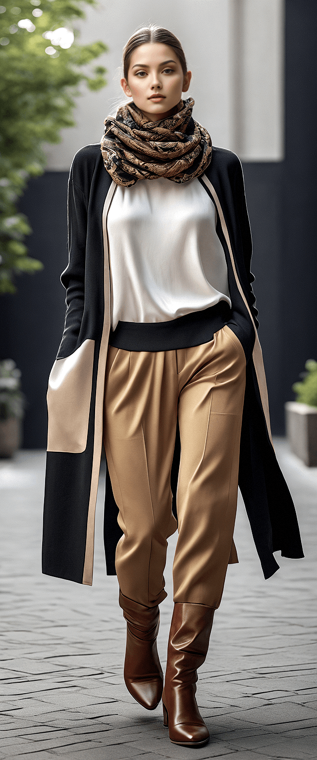 AI generated: The image features a woman wearing a scarf around her neck, a black coat, and brown pants. She is wa...