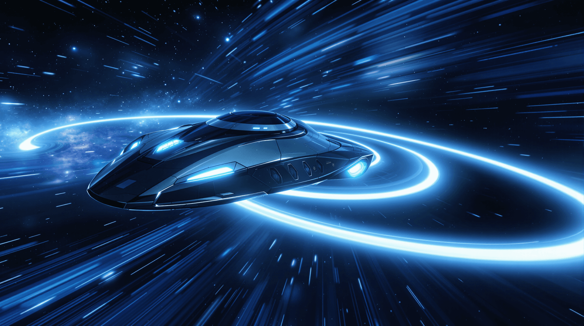 AI generated: A **futuristic spacecraft** traveling through deep space using an **Alcubierre warp drive**, depicte...