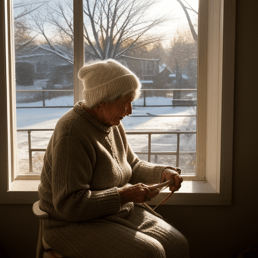 AI generated: old woman knitting by a window in the late afternoon winter sun

