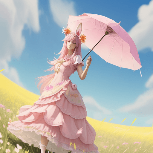 AI generated: This is a photo of a female character from a video game holding a parasol. The character is wearing ...