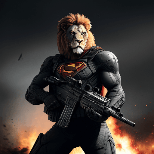 AI generated: Battle-scarred angry superman lion army wearing black ops uniform, holding carbine rifle, anthropomo...