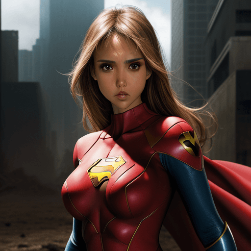 AI generated: High resolution photography from jessica alba, as super hero, in a post apoklyp setting, fightings i...