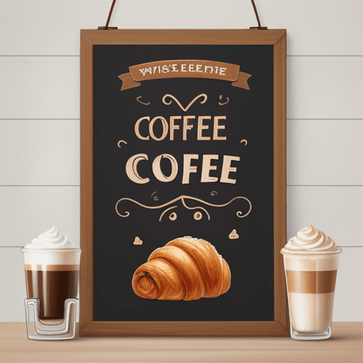 AI generated: a poster ,have a complete word"wish coffee"for main theme, on the top, Latte and some croissant brea...