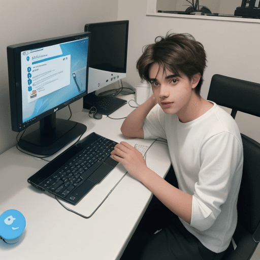 AI generated: a young guy sitting at a computer. Its partially hidden, mysterious effect. Popular social media suc...