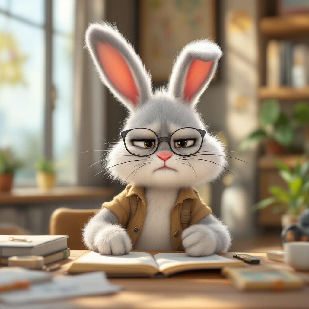 AI generated: a cute cartoon fluffy bunny grumpily
working on her trip itinerary, by
pixar, cinematic style, HDR, ...