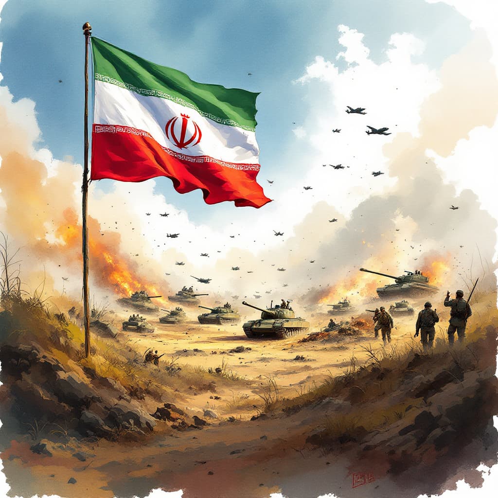 AI generated: An artistic watercolor of an iran flag waving majestically over a chaotic World War II battlefield, ...