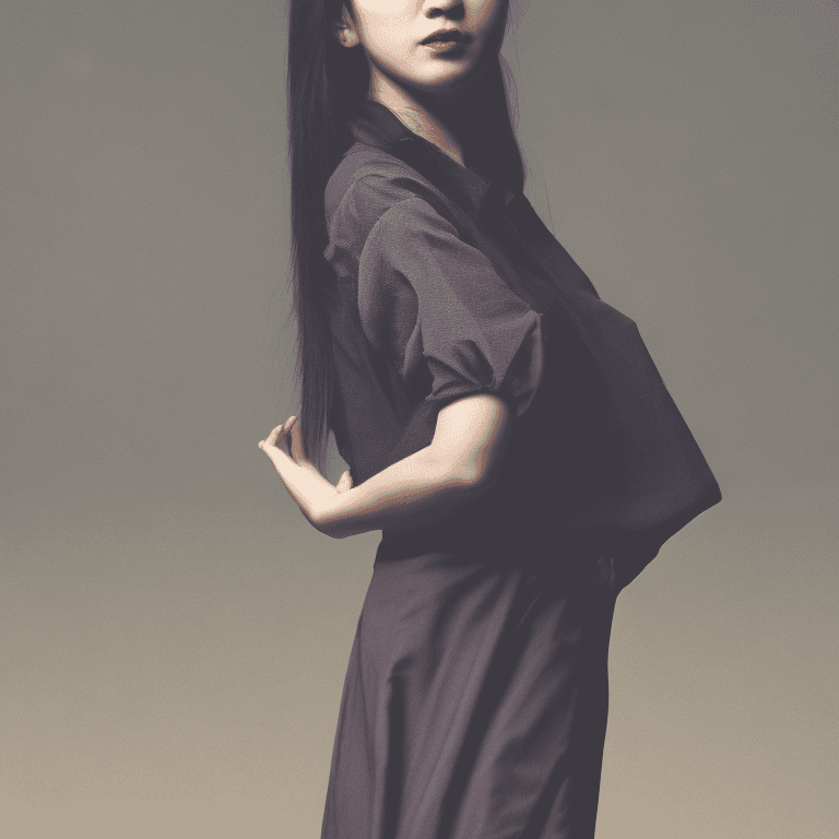 AI generated: aesthetic, asian girl, dark blouse, expressive pose, dark background