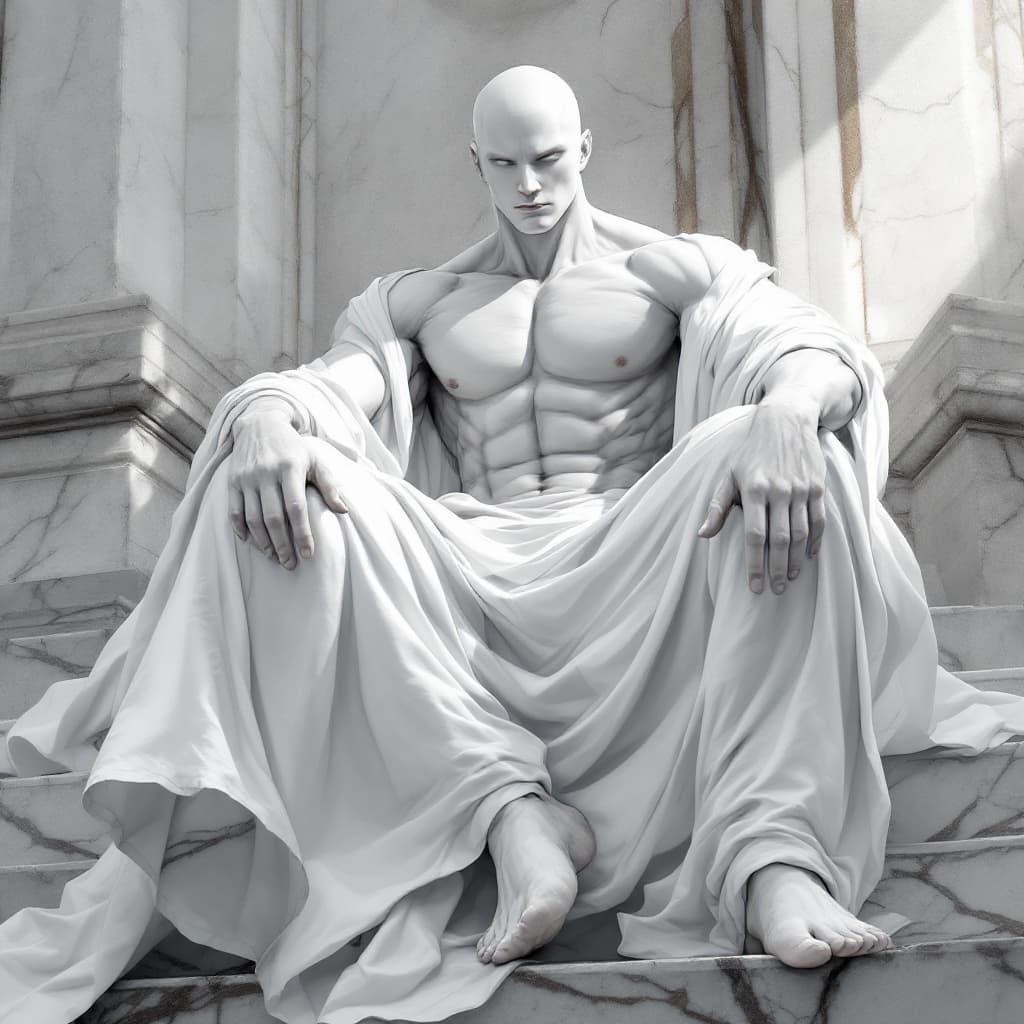 AI generated: 1boy,  ((adult man, cheekbones, adult face)), solo, muscular, white skin, white robe, long robe, bar...