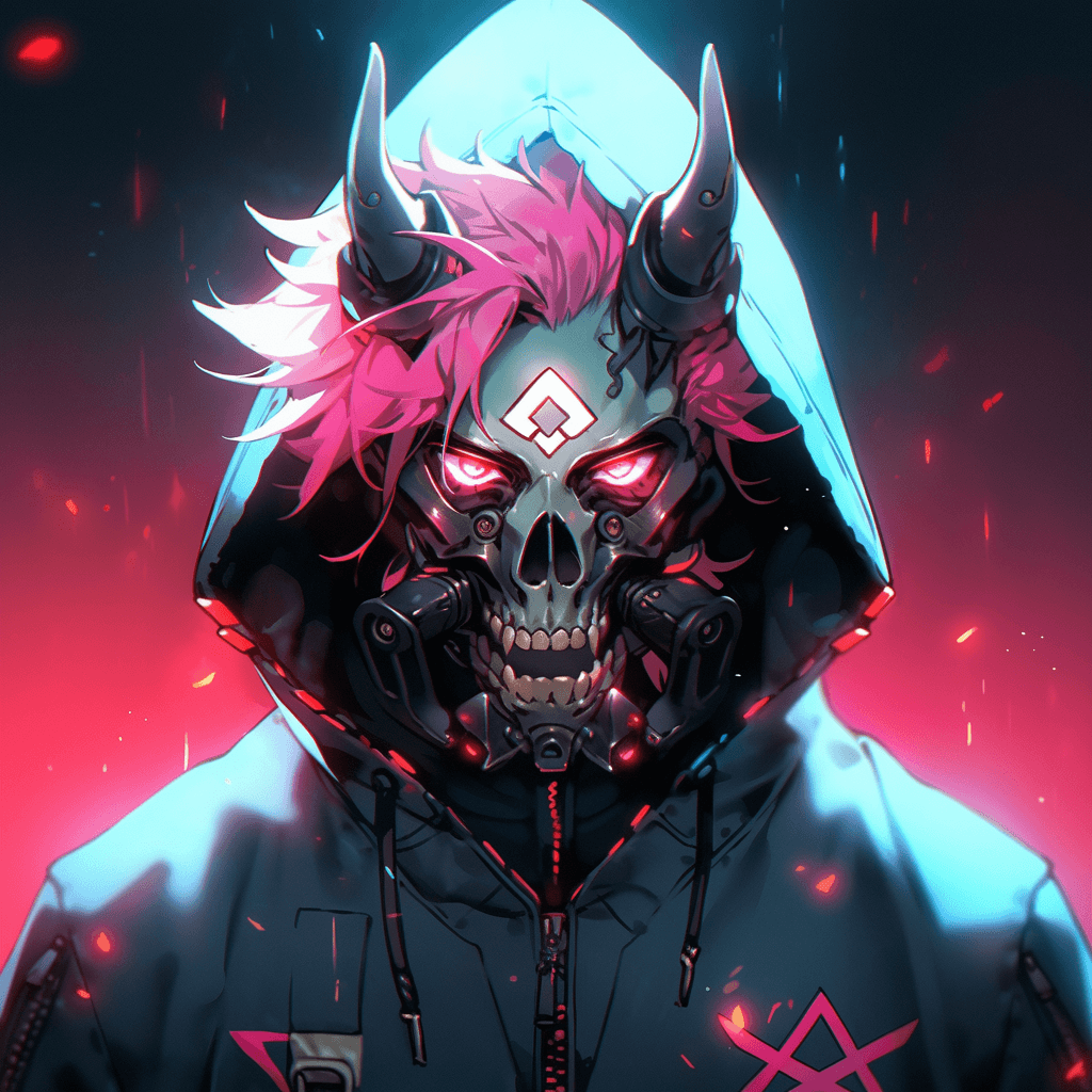 AI generated: soldier, shikigami, anime men, Ninja, wearing black with pink and cyan hoodie, marks, demon horns, t...