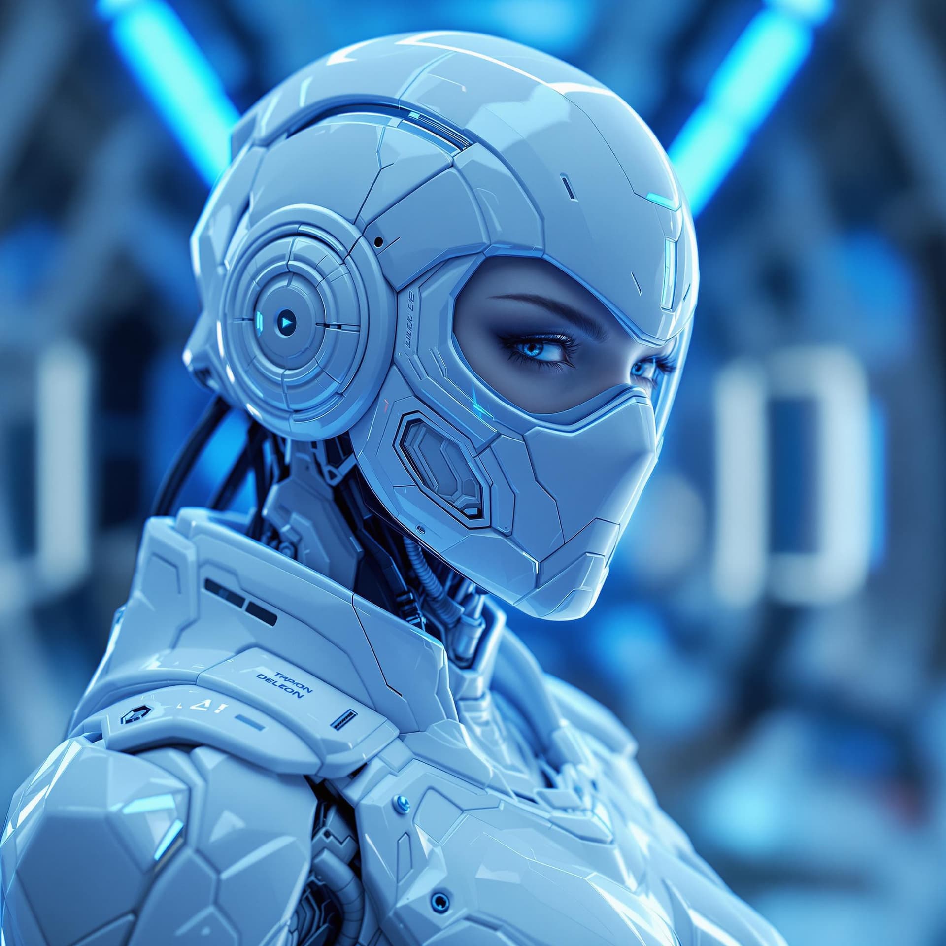 AI generated: female sci-fi white military cyborg, detailed helmet, detailed mask, white Teflon armor, cyberpunk, ...