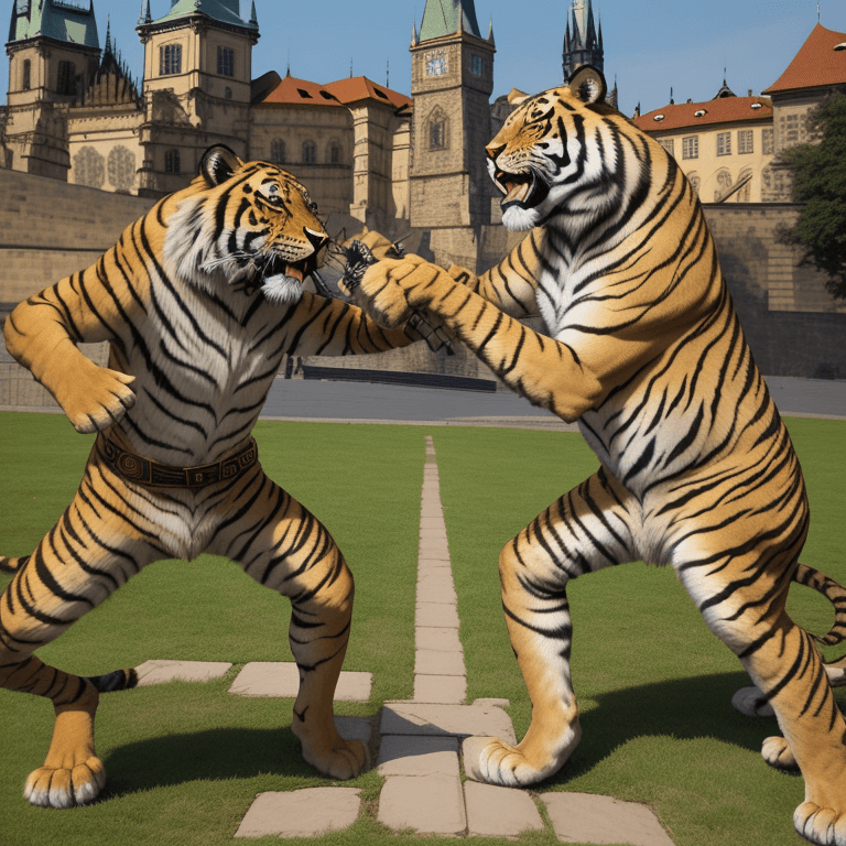 AI generated: Tiger and Lion sword fighting in front of Prague Castle