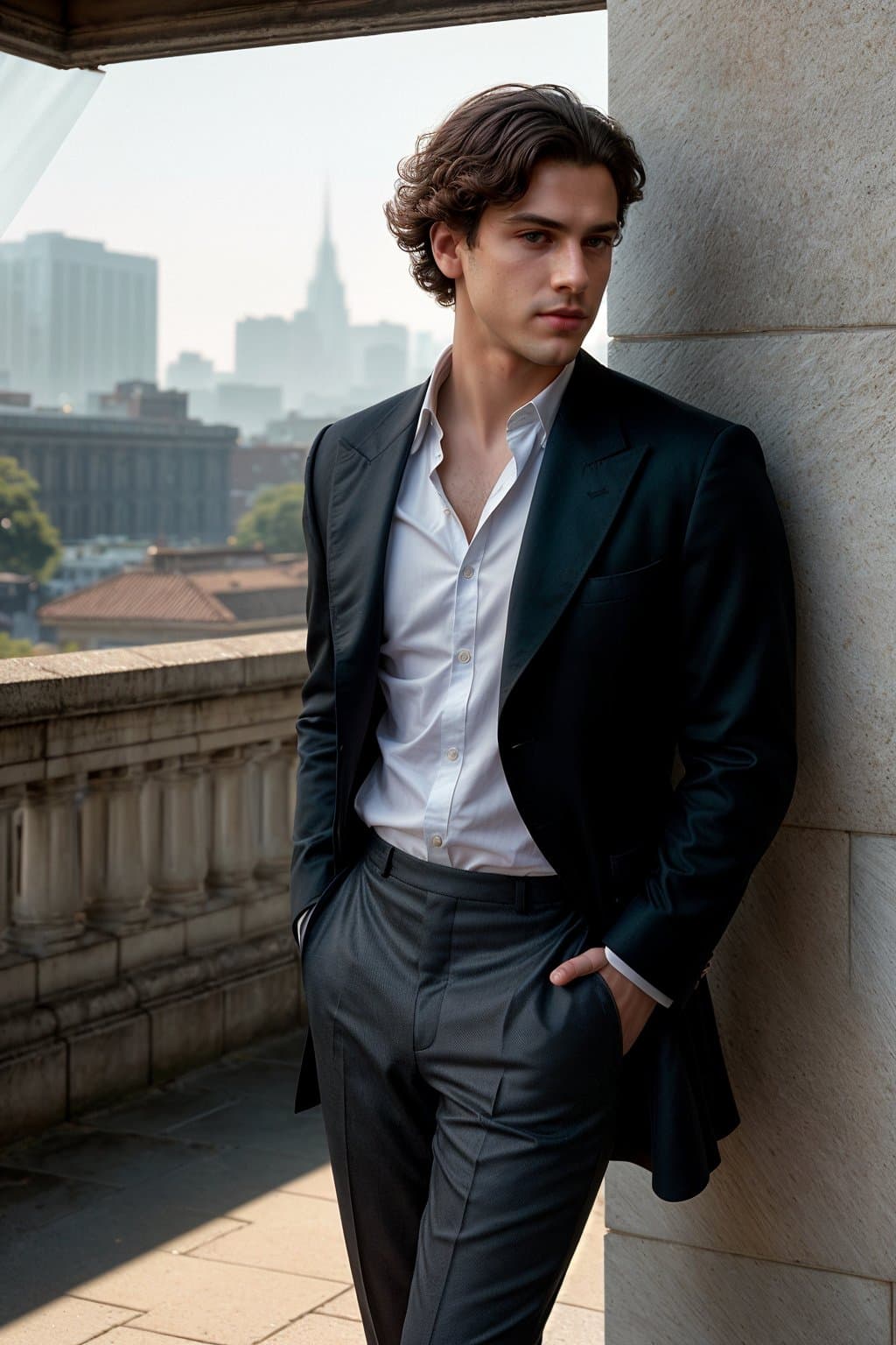 AI generated: Ground - Shot Angle - Looking down at figure from knee level, elegant, handsome, charro, Russian, ma...