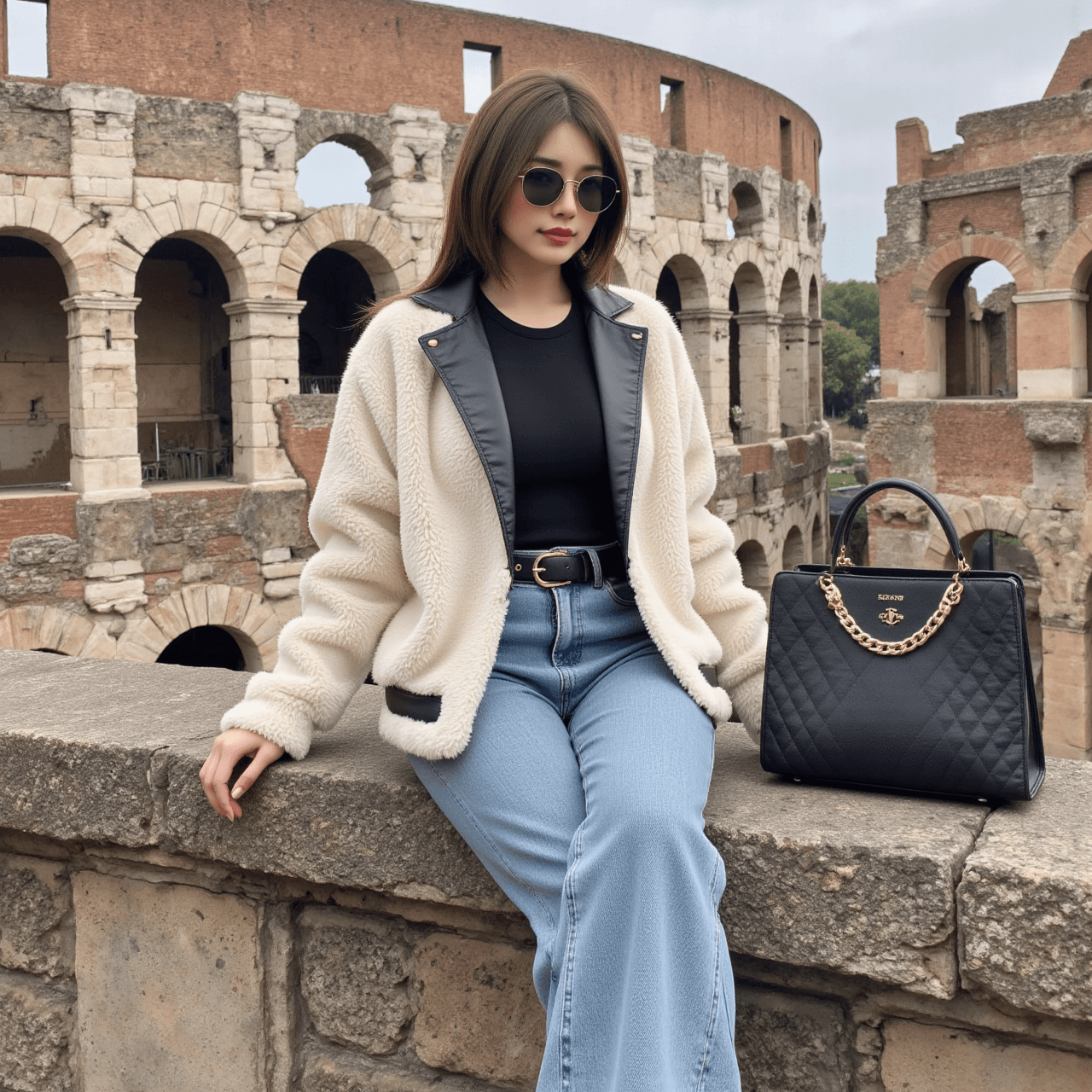 AI generated: An ultra-realistic, editorial-style fashion photograph of a chic young East Asian woman in Rome. She...